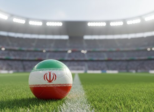 occer ball in flag colors on a bright blurred stadium background. Flag of Iran