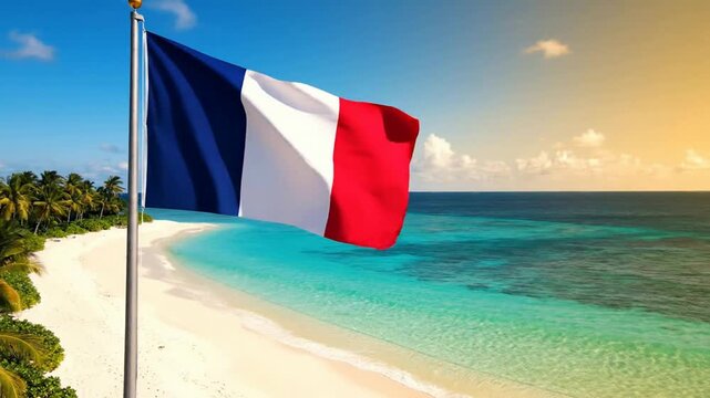 French flag waving on tropical beach paradise with turquoise ocean and palm trees travel and tourism concept