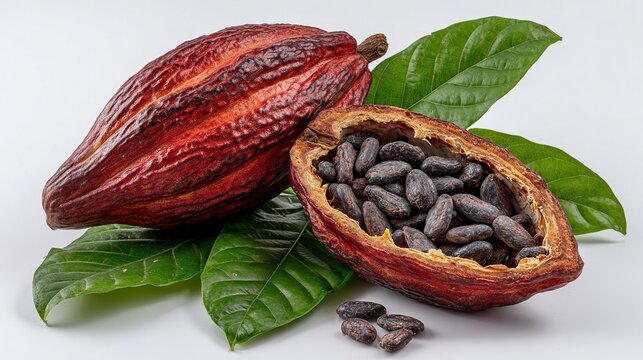 Beautiful still life of cocoa pods and beans on a white background