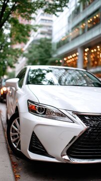 White Lexus sedan parked curbside on a city street, showcasing its front end. Tall city buildings with warm lights illuminate the blurred background, framed by green trees