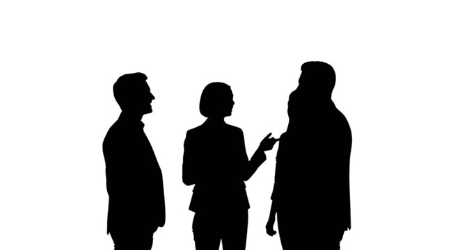 Three silhouettes engaged in a professional conversation with one gesturing isolated on transparent background, Vector