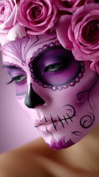 A woman's face showcases detailed Dia de los Muertos sugar skull makeup in pink and purple