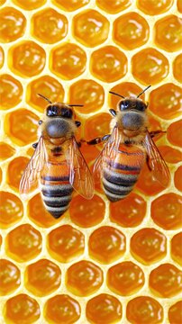 Two European honey bees are present on a vibrant golden honeycomb structure. Hexagonal cells contain glistening sweet honey, highlighting the intricate labor of the bee colony