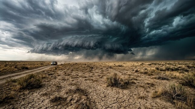 Approaching storm over dry flat plains, dramatic dark cloud cover rolling across a parched landscape with cracked earth and distant haze, tense weather and climate-shift atmosphere, high contrast sky,