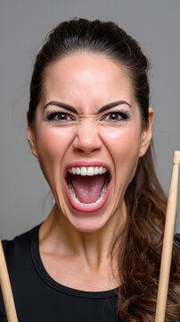 Young female drummer intensely screams with a wide open mouth and furrowed brow, holding drumsticks. Her dark hair is pulled back, wearing a black top against a simple grey studio background
