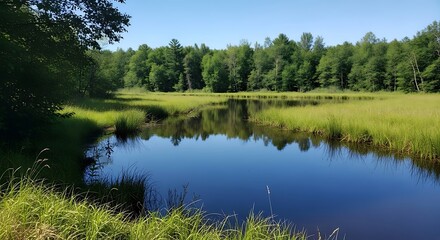 Fototapeta premium Tranquil marsh with calm water reflecting a vibrant green forest under a bright blue sky