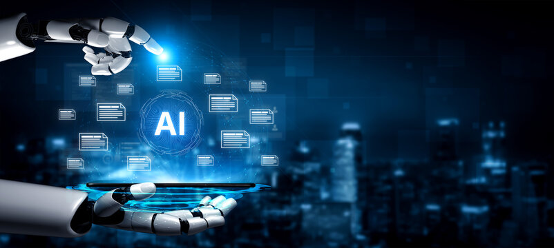 AI document automation concept with floating files and knowledge cards. Document NLP processing, search, document summarization, LLM document management for DMS enterprise workflows. Corpus