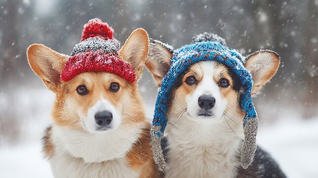 Two adorable corgi puppies wearing knitted hats in a snowy winter scene