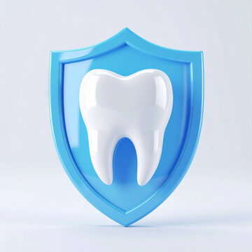White tooth icon on shield-shaped badge with blue frame, dentistry and oral health concept, dental care protection symbol, medical healthcare