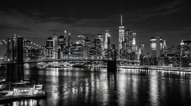 Manhattan at night, expansive urban skyline after dark, dense layers of high-rises and glass towers, river-edge reflections and crisp architectural geometry, featuring manhattan, skyline, skyscraper,
