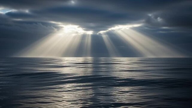 dramatic ocean view with sunbeams piercing through stormy clouds