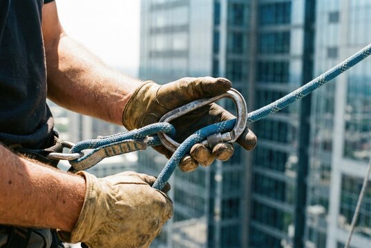 High rise window washer in leather gloves securing a metal climbing carabiner to a thick blue safety rope