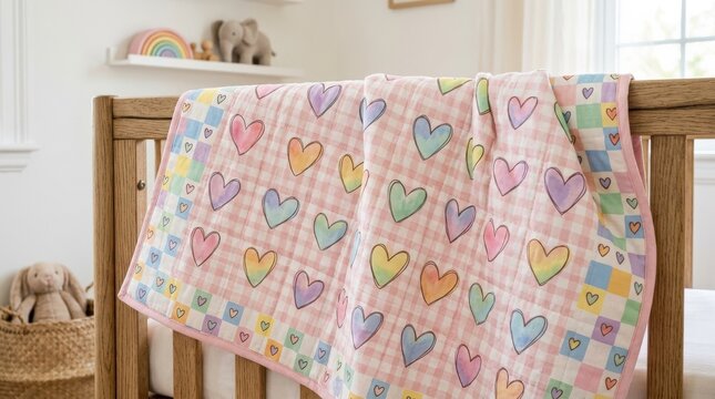 Pastel rainbow hearts on a pink gingham pattern, retro hand-drawn checkerboard with colorful heart icons and cute pride-inspired nursery charm, ultra-realistic, no logos.