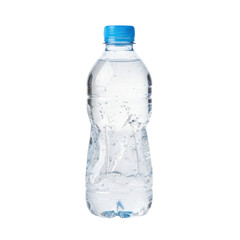 Fototapeta premium A single crumpled plastic water bottle with a blue cap filled with clear liquid on a transparent background, reflecting light with a refreshing hydration mood