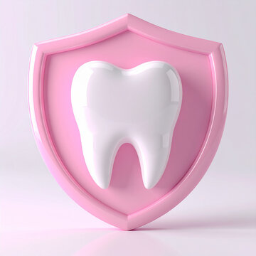 White tooth icon on shield-shaped badge with pink frame, dentistry and oral health concept, dental care protection symbol, medical healthcare
