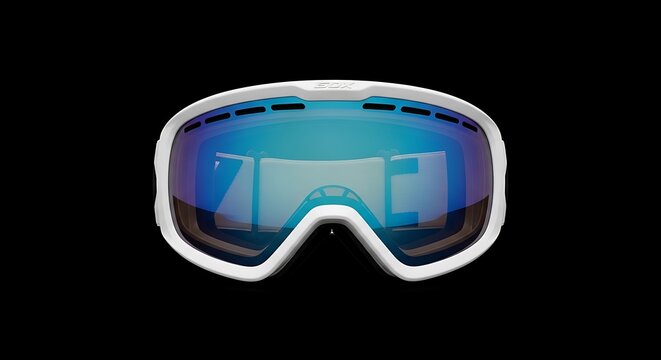 White and blue ski goggles against a black backdrop, reflecting an ambiguous view