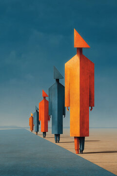 Surreal Geometric Figures Walking in Line Across Minimal Desert Landscape, Conceptual Art Illustration