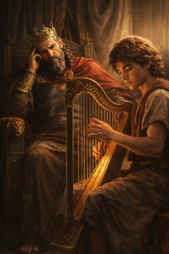 Biblical scene: young David playing a golden harp before King Saul, soothing his soul with music