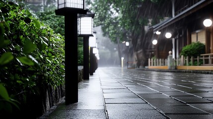 Rainy Day in Japan Lanterns Illuminate Wet Stone Path.