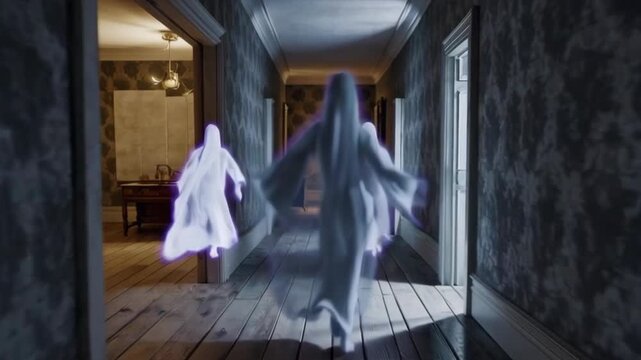 Three ghostly figures in white robes appear in a dimly lit hallway. The walls are patterned, and the floor is wooden. A haunting atmosphere prevails.
