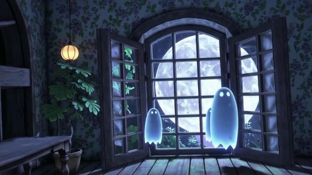 Two friendly ghosts appear at a window under a full moon. The room features plants and a warm light, creating a whimsical atmosphere.