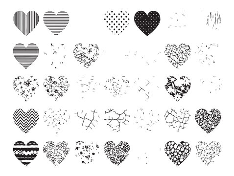 Collection of vintage-style heart and bird-themed icons in monochrome Vector