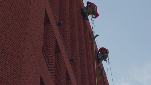 Technicians cleaning facades. Suspended workers assessing brick building from aerial vantage point. Rope access specialists diligently cleaning and inspecting facade of towering structure from above