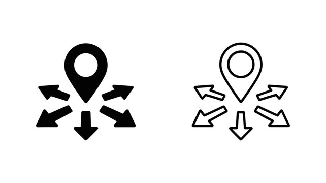 A central location pin icon has arrows pointing downwards and diagonally outwards from its base.