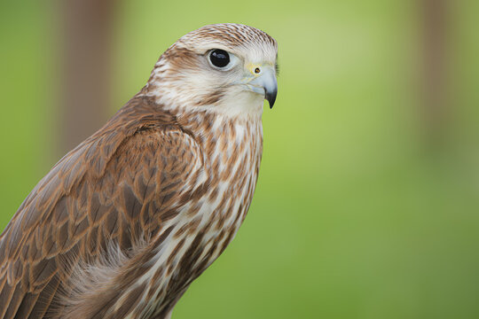 Close-up wildlife portrait of a Saker Falcon (Falco Cherrug).