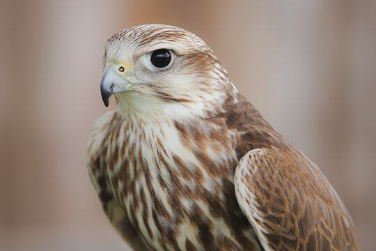 Close-up wildlife portrait of a Saker Falcon (Falco Cherrug).