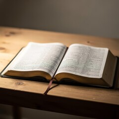 Fototapeta premium Open Bible in Warm Soft Light on Wooden Table