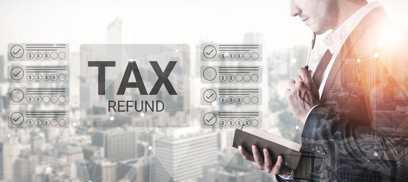 A focused businessman contemplates tax refund strategies on a skyline background, symbolizing financial planning and effective budget management for the tax season. Gantry