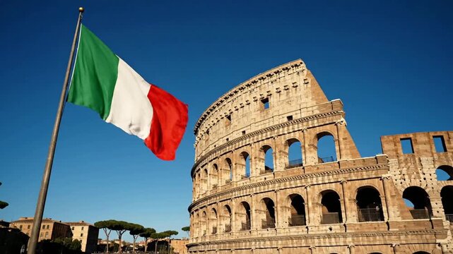 Italian flag waving proudly against the iconic roman colosseum in rome, italy historical landmark and national symbol