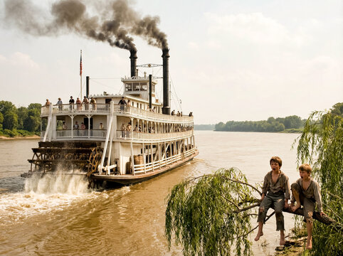 A large paddlewheel steamboat moves along a river, watched by two boys sitting on a tree branch on the bank.