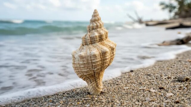 A close-up spiral seashell standing upright, natural cream and beige tones, intricate ridges and marine texture, calm coastal beauty, ultra-realistic, no logos.