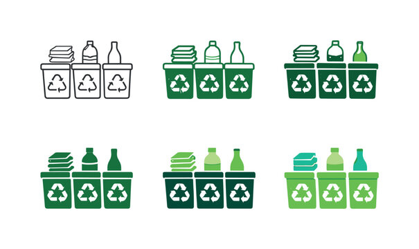 Green recycling and waste sorting icon showing bins clearly marked for paper, plastic, and glass, illustrated six times in a