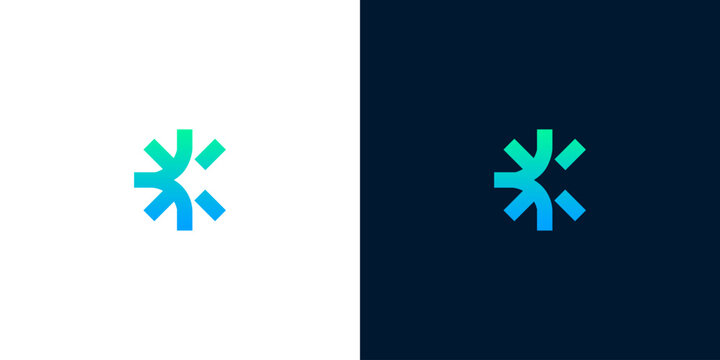 Modern abstract geometric logo design with a gradient blue and green futuristic asterisk symbol on white and dark backgrounds