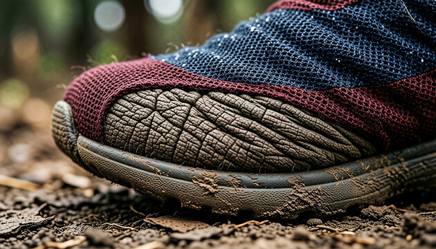 Close-up of a worn sneaker sole resting on muddy earth, emphasizing texture and outdoor adventure