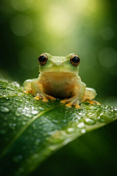 Petite grenouille verte sur feuille couverte de gouttes