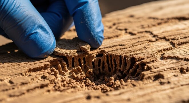 Blue gloved fingers probing and exposing deep termite galleries and mud tubes in splintered brown timber during structural pest inspection