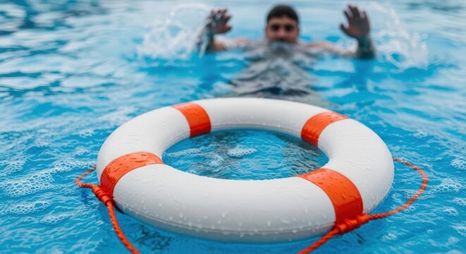 Lifebuoy floating in water with drowning man reaching out for help symbolizing rescue danger safety and emergency assistance