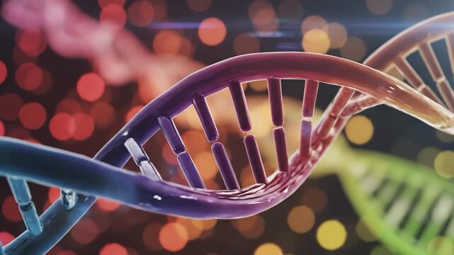 Colorful dna double helix structure with vibrant bokeh lights