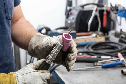 Welder wearing protective gloves adjusting tungsten electrode in a TIG welding torch