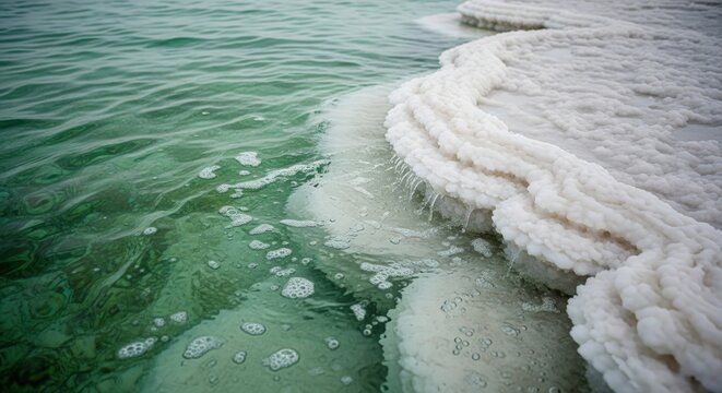 Salt crust at edge of green sea water