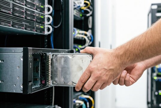 IT technician removing or installing a hard drive tray in a server rack cabinet