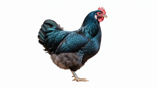 A dark blue and black hen with a red comb stands on a white background chicken bird poultry fowl