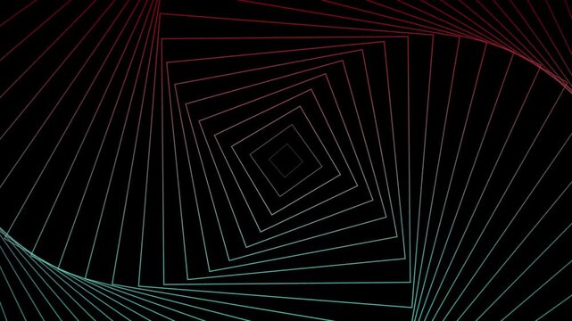 Abstract neon lines forming rotating polygon tunnel on dark background. smooth looping motion with gradient glow. futuristic design, geometric pattern, tech background, digital vortex, sci fi style