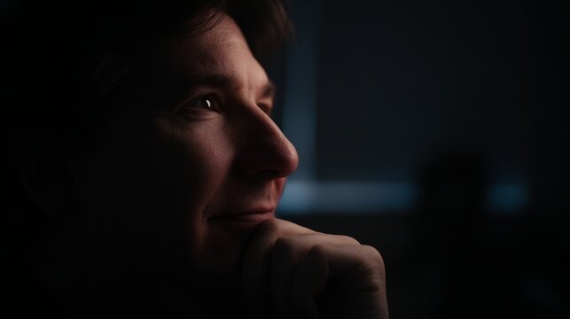 melancholy. Person in deep thought late at night in a dimly lit room with dramatic lighting. wellbeing guides, coaching materials, designed for coaching and self-improvement content.
