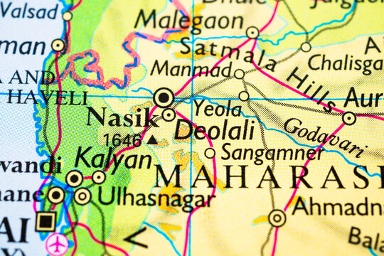Close up of Nasik and Deolali on Maharashtra India road map.