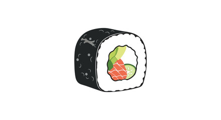 A vibrant illustration of a single maki sushi roll dark outline silhouette © njhasan